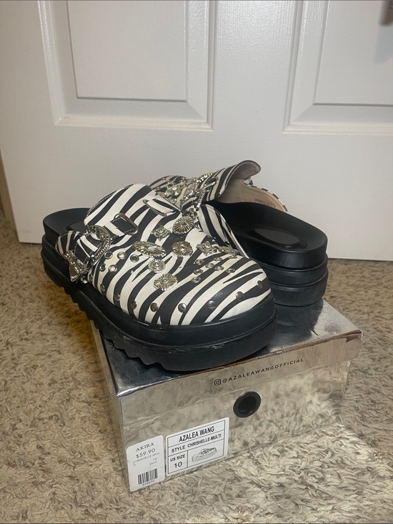 Azalea Wang Shoes - AZALEA WANG Zebra Print Studded Platform Clogs
